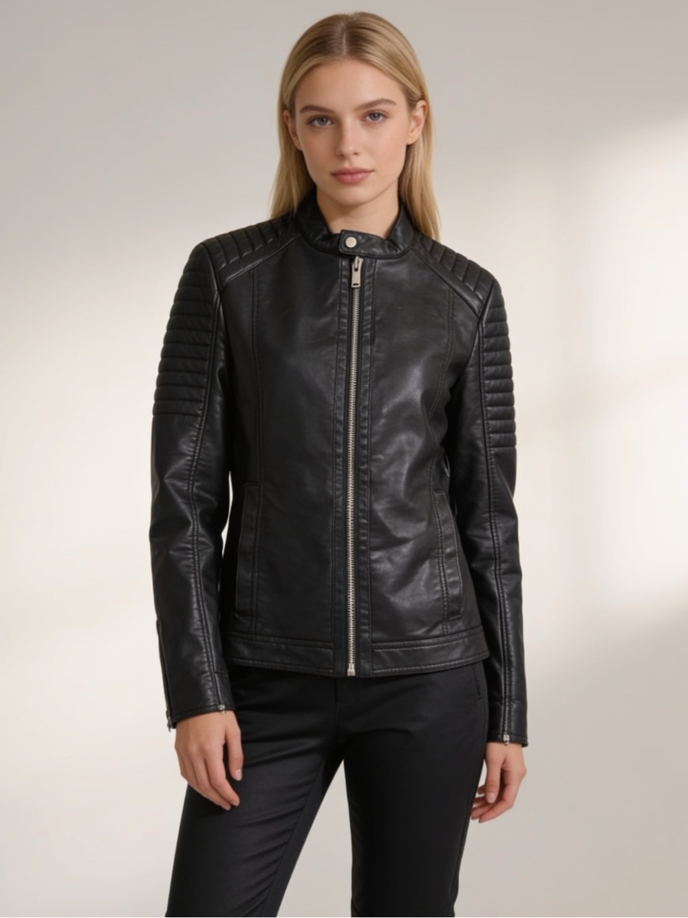 Zara Black Faux Leather Moto Jacket Quilted Shoulder Women S